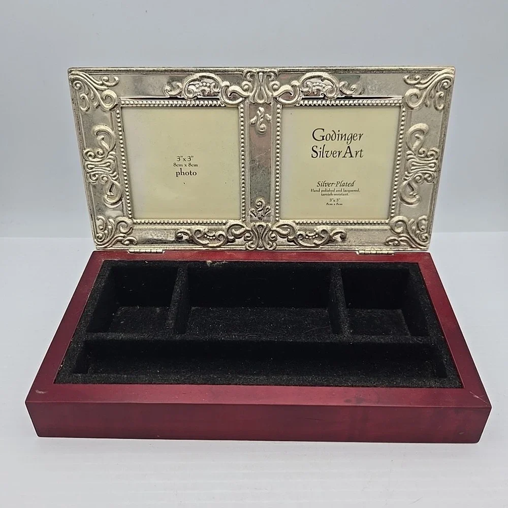 Godinger Silverplated Double Frame Cherry‎ Wood Jewelry/Memento Box
